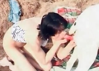 Lidenskapelig brunette rykker og suger en hundepikk
