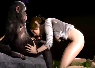 3D monkey gets sucked by submissive babe