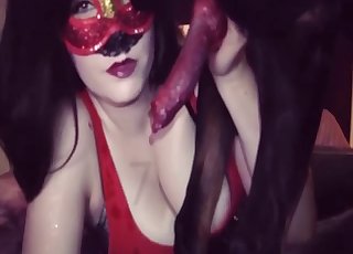 Masked babe opens her mouth and gets a dog dick
