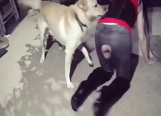 Playful babe and dog love each other