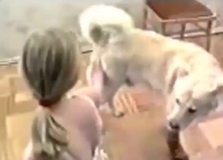 White lingerie blonde looks angelic with a dog