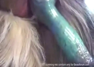 Yummy beast blows a load in a sexy condom