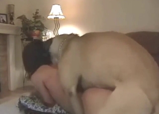 Brunette grunting and cumming under a dog