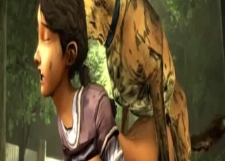 Clementine from The Walking Dead is fucking with a dog