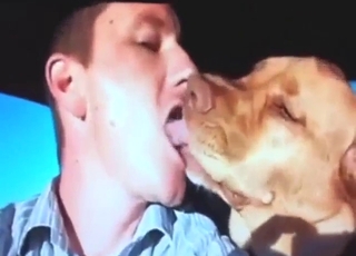 Guy in a car making out passionately with hound