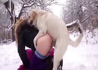 Amateur with a blond hair fucking a dog in the snow